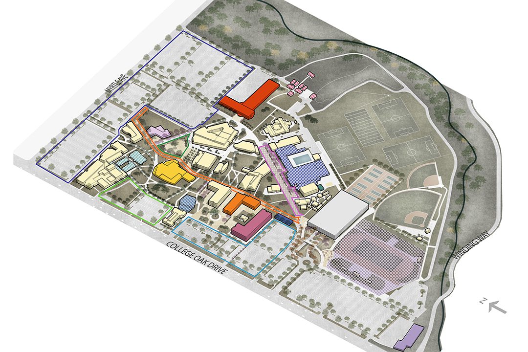 A aerial diagram of the American River College Campus with projects identified as part of the Facilities Master Plan.