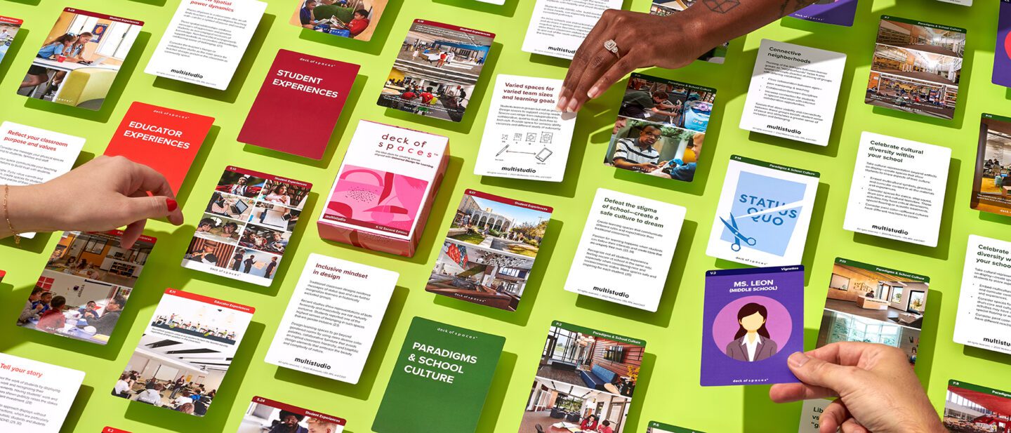 Image of the Deck of Spaces: K-12 2nd Edition with the cards spread out on a green background and various people's hands showing the interactive nature of the deck.