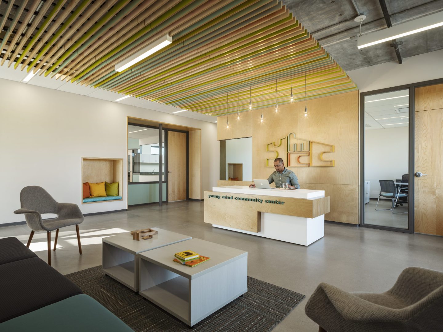 The colorful interior reception area of the Young Mind Center in Phoenix, Arizona.