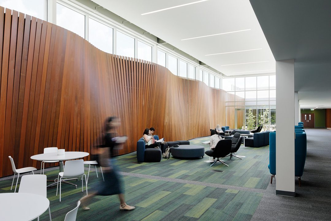 Image of an interior student quad with a curved wooden wall that is connected to a green courtyard