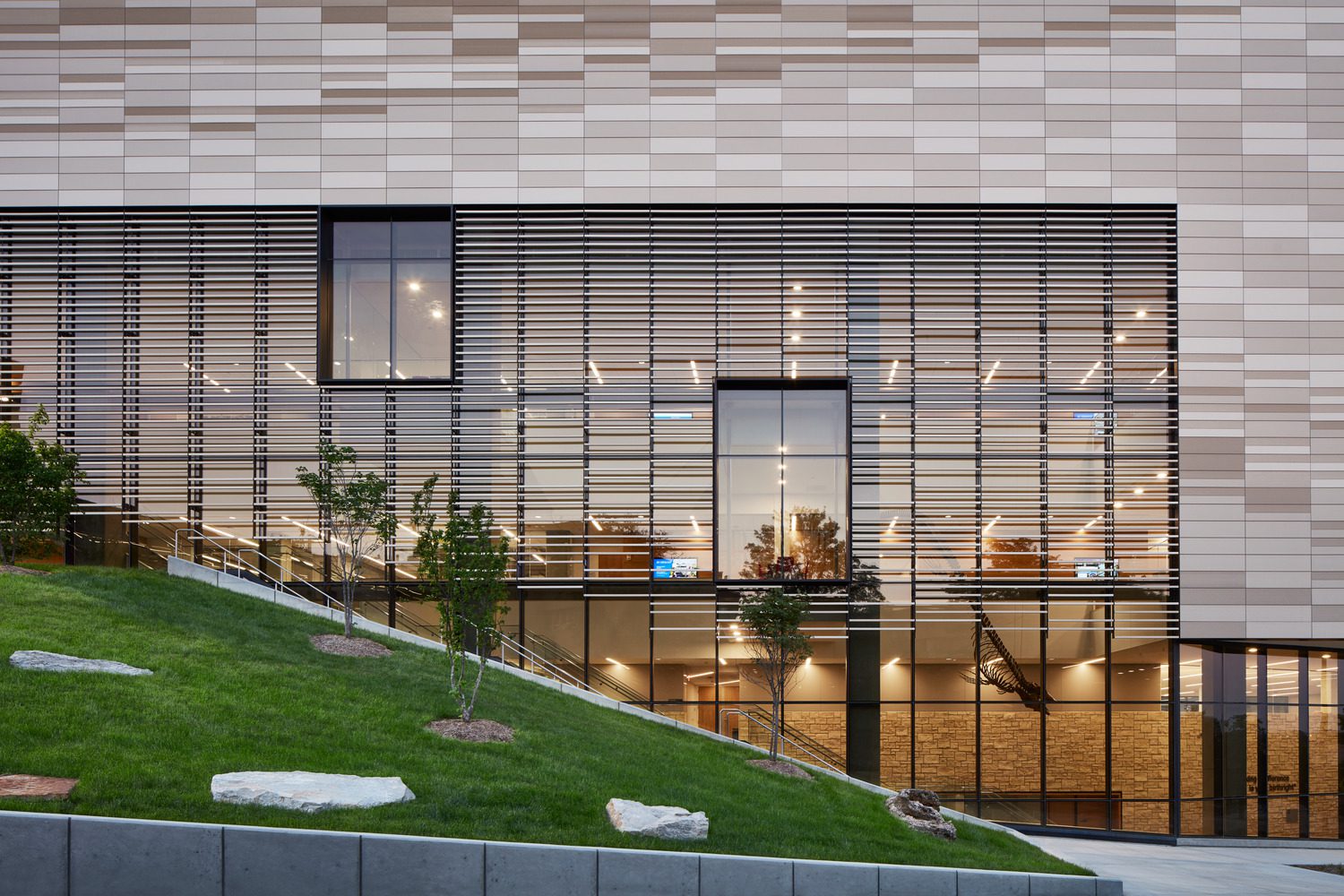 Image of a detail of the exterior glazing and scrim of the KU Earth, Energy & Environment Center