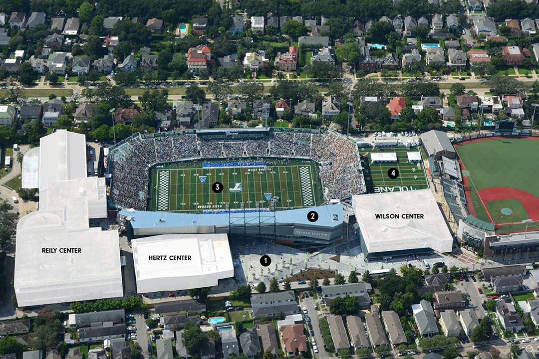 Aerial image of Tulane University's athletic facilities with Yulman Stadium at the center. The adjacent existing buildings of "Reily Center, Hertz Center, and Wilson Center are labeled. Labeled numerically are the different components of the project.