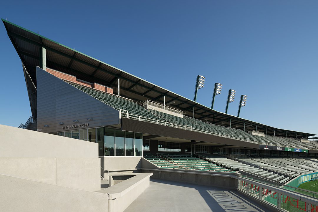 Image of the home side of Yulman Stadium looking from the "party deck"