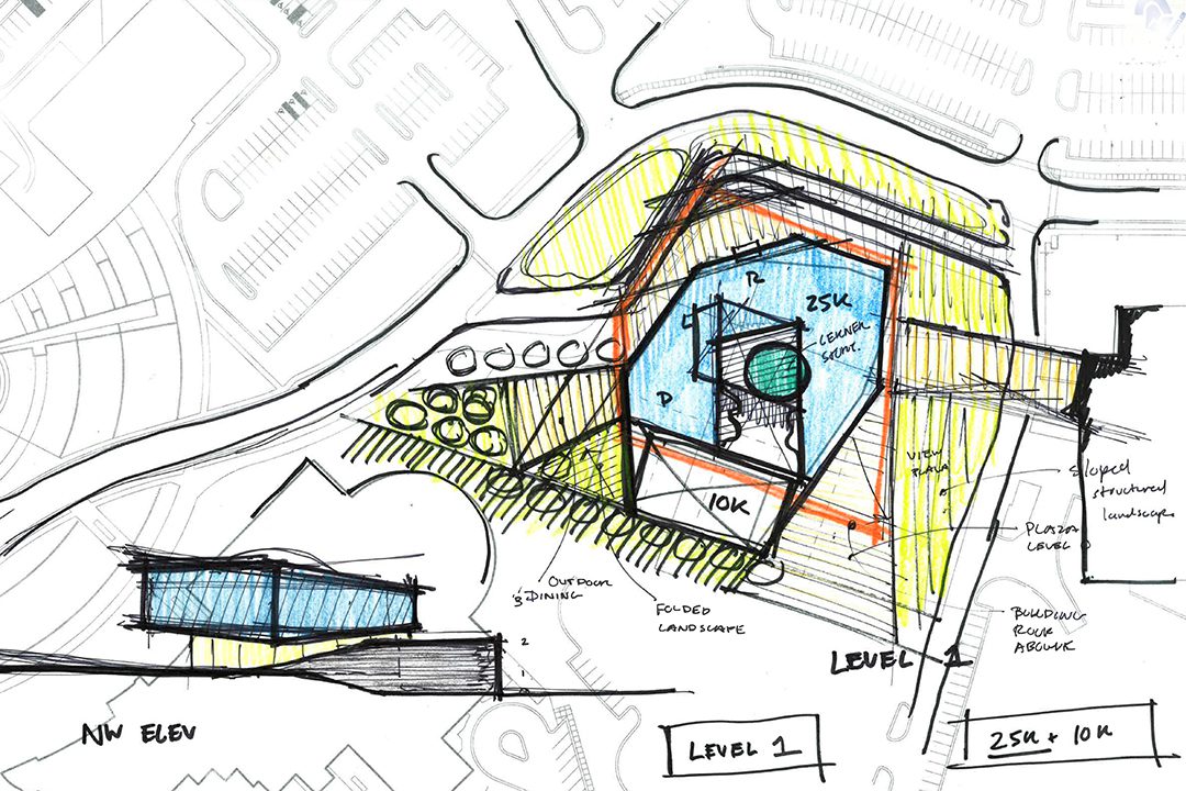 Image of a hand sketch of the building's massing shape on a site plan