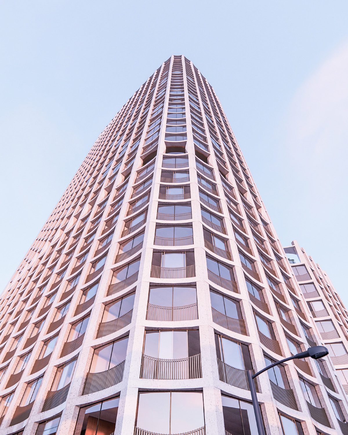 Rendering of 395 3rd Street looking up from the ground. Rendering by Henning Larsen.