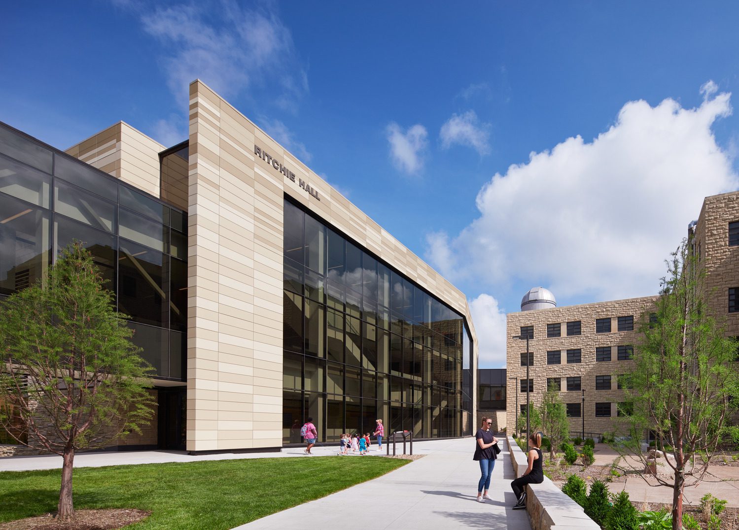 Image of the exterior of the KU Earth, Energy & Environment Center showing transparency towards the campus.