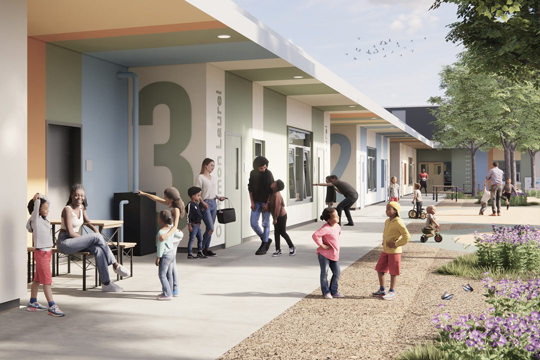 Rendering of the Laurel Child Development Center showing children, parents and teachers in the exterior corridor and adjacent outdoor learning areas and play yard