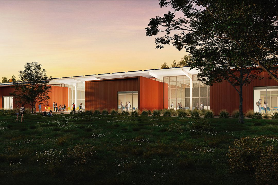 Exterior rendering of the school's south façade along which classrooms periodically extend outwards towards the forest.