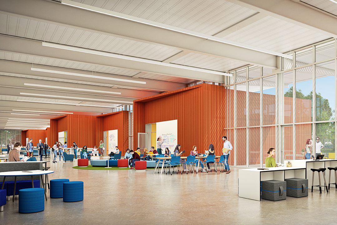 Interior rendering of the Forest Walk, the primary circulation spine of the middle school.