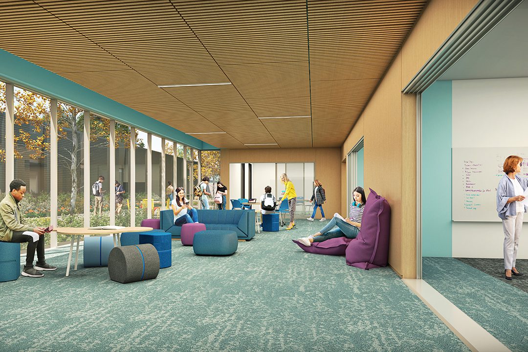 Interior rendering of a grade level wing showing the relation to the outdoor learning courtyards.