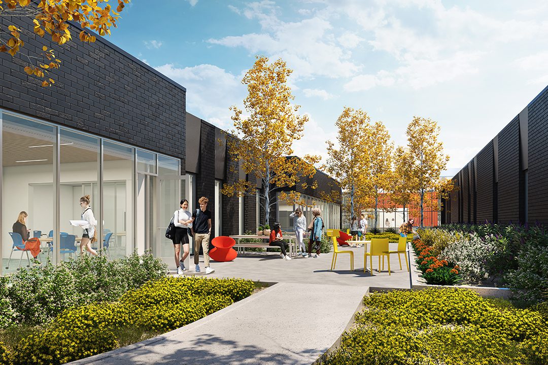 Exterior rendering of one of the outdoor learning courtyards with landscape and outdoor furniture.