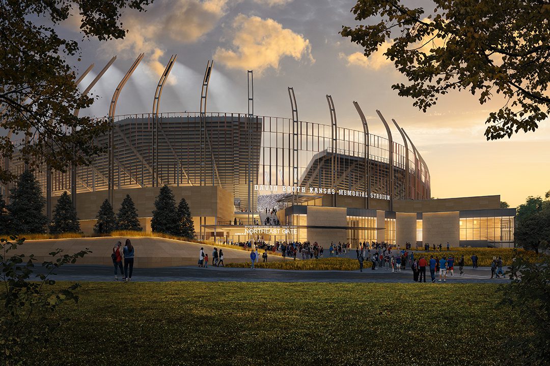 KU Gateway District rendering of entry to the David Booth Kansas Memorial Stadium