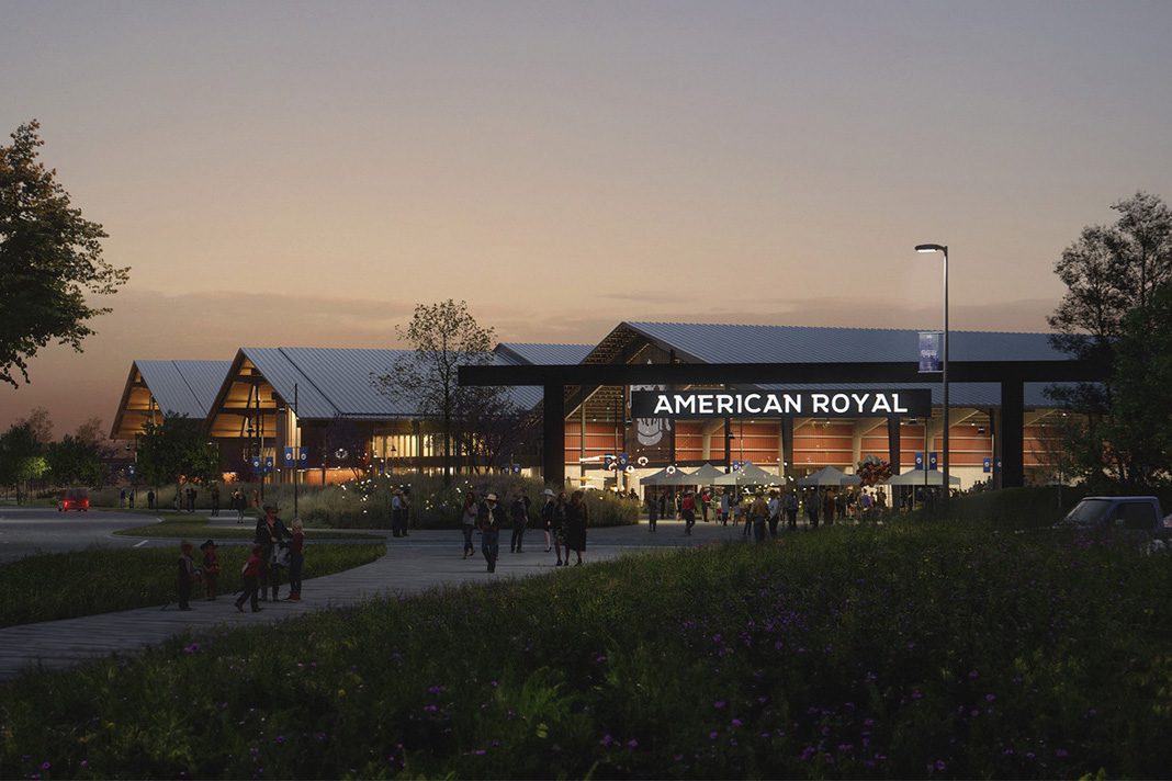 Exterior rendering of the new home of the American Royal at dusk.