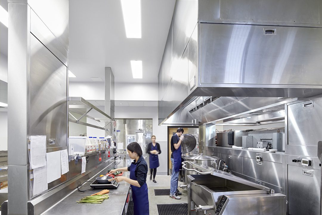 Photo of the all-electric, full commercial kitchen at McAteer Culinary Center.